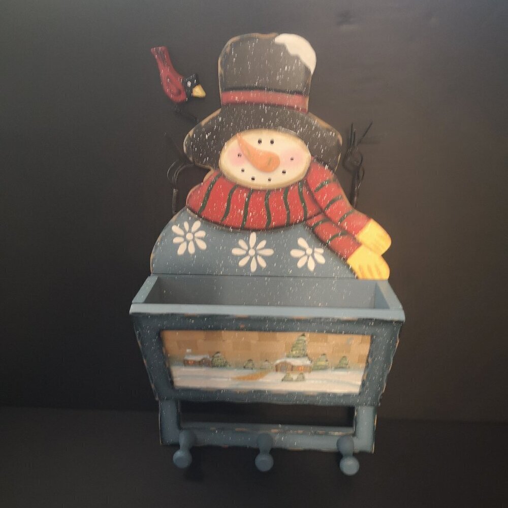 Wooden Distressed Painted Snowman Letter Holder w/ Basket Weave Front